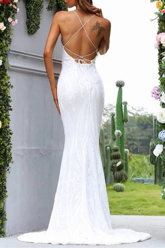 White Jacquard V-Neck Cross Back Spaghetti Straps Mermaid Long Evening Dress With Train