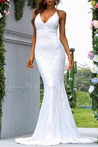 White Jacquard V-Neck Cross Back Spaghetti Straps Mermaid Long Evening Dress With Train