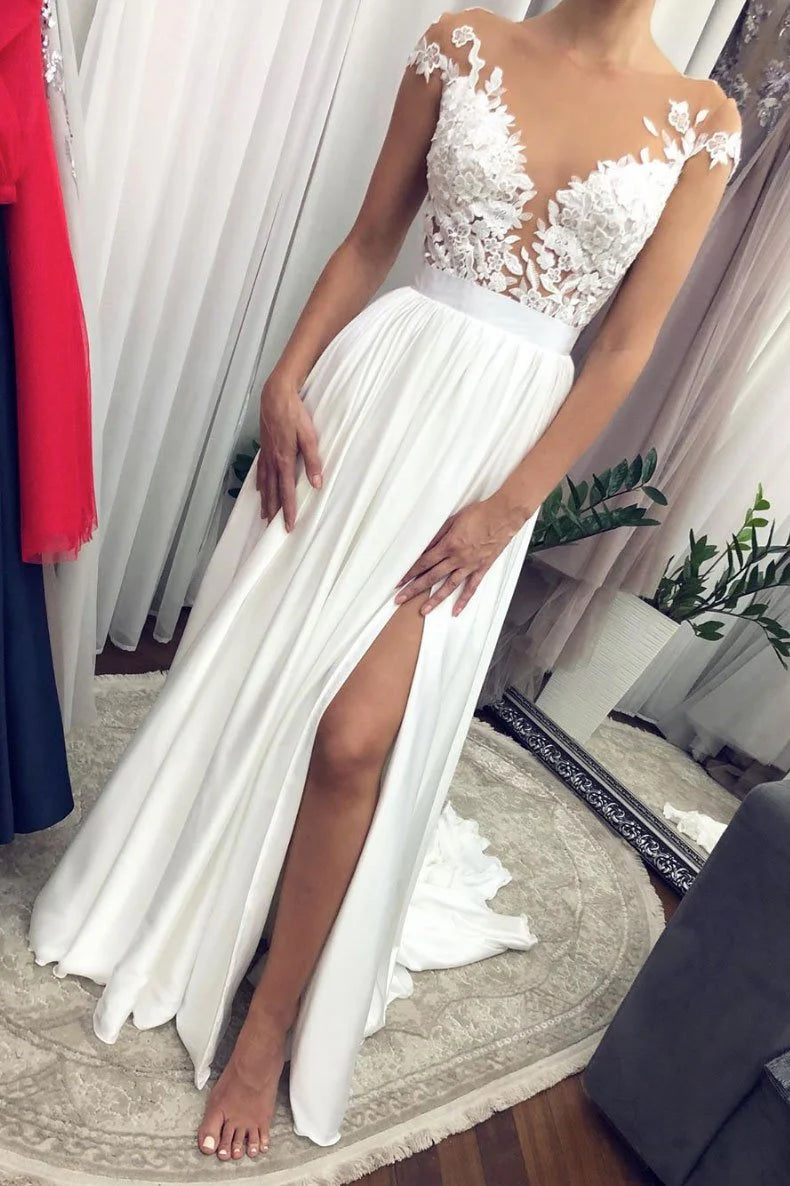 White Lace Floral Round Neck High Slit Floor Length Ball Gown White Lace Bridesmaid Dress