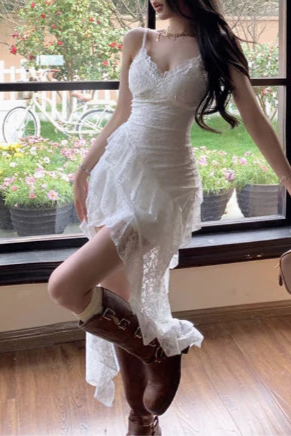 White Lace Suspenders Slim Fit V Neck Homecoming Dress With Asymmetrical Hem