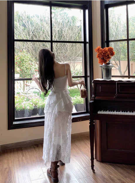 White Lace Suspenders Slim Fit V Neck Homecoming Dress With Asymmetrical Hem