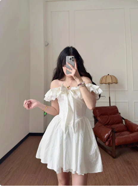 White Lace Sweet Bow Shoulder A-line Birthday Short Skirt Homecoming Dress Party Dress