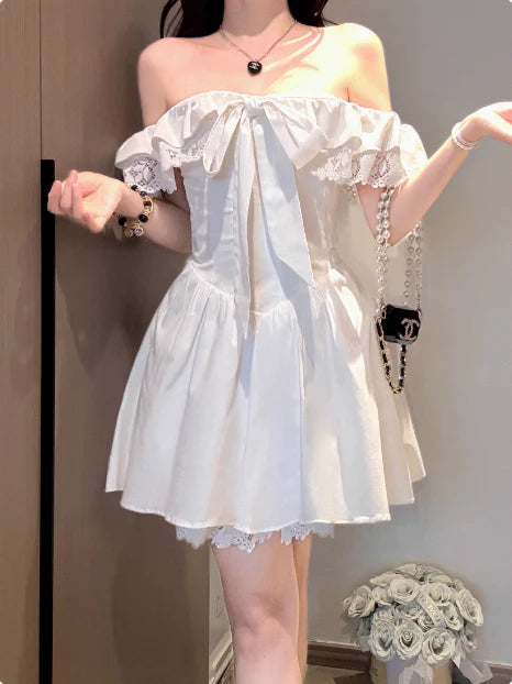 White Lace Sweet Bow Shoulder A-line Birthday Short Skirt Homecoming Dress Party Dress