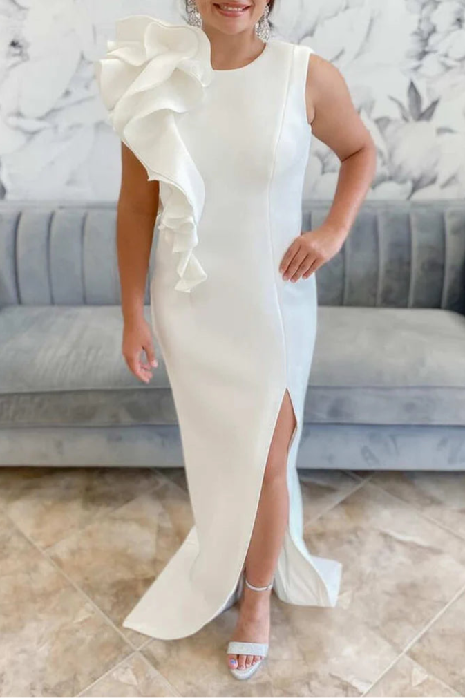 White One Shoulder Ruffles Sleeveless Round neck With Side Slits Long Evening Dress