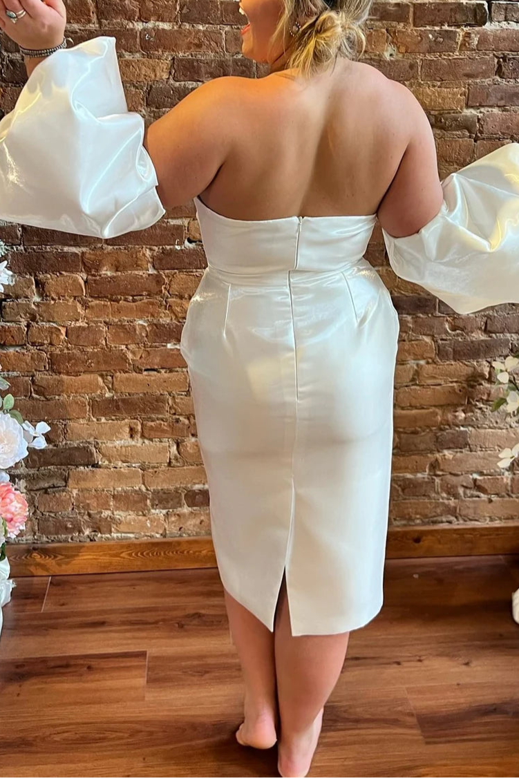 White Organza Sweetheart Neck Open Back Midi Wedding Dress with Detachable Sleeves