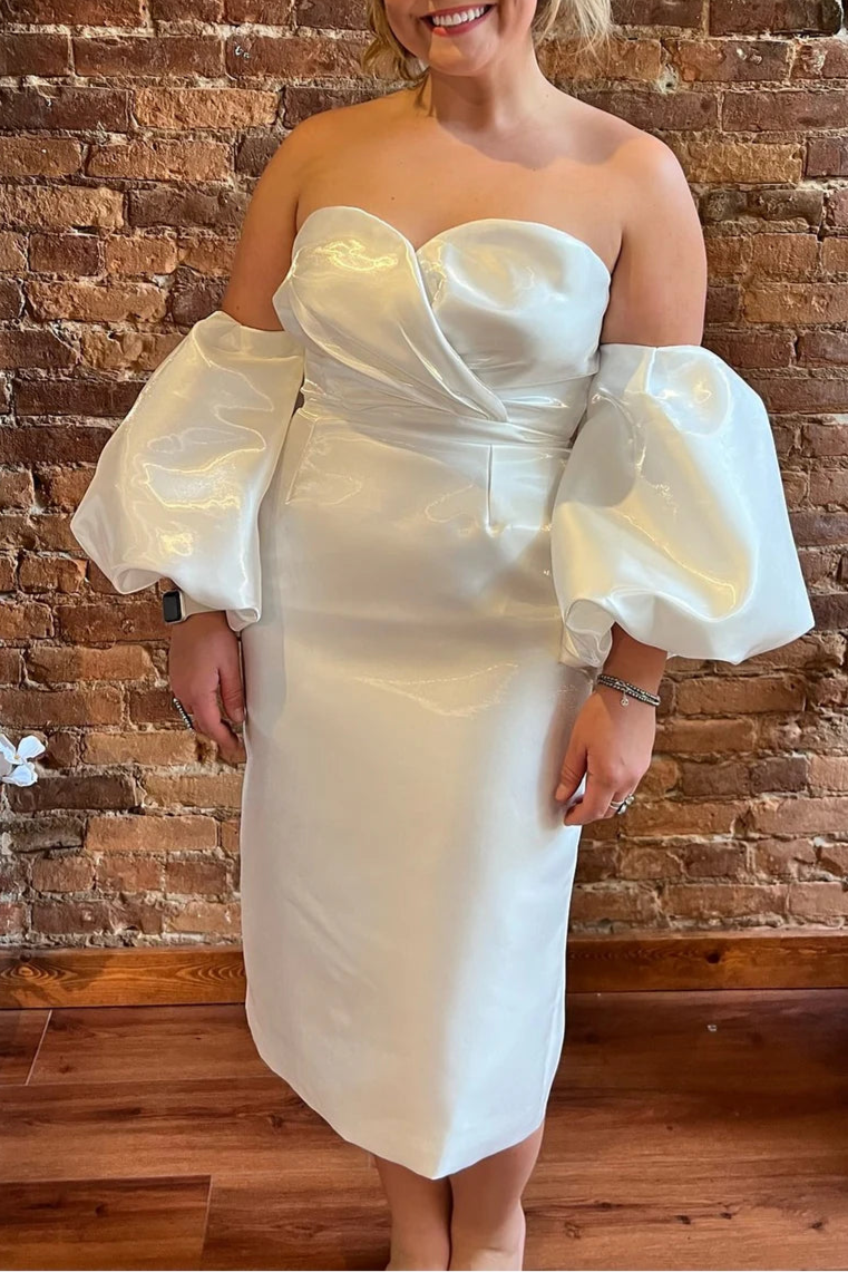 White Organza Sweetheart Neck Open Back Midi Wedding Dress with Detachable Sleeves