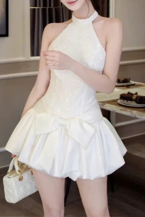 White Satin A Line Halter Short Zipper Prom Dress Birthday Party Dress Homecoming Dress