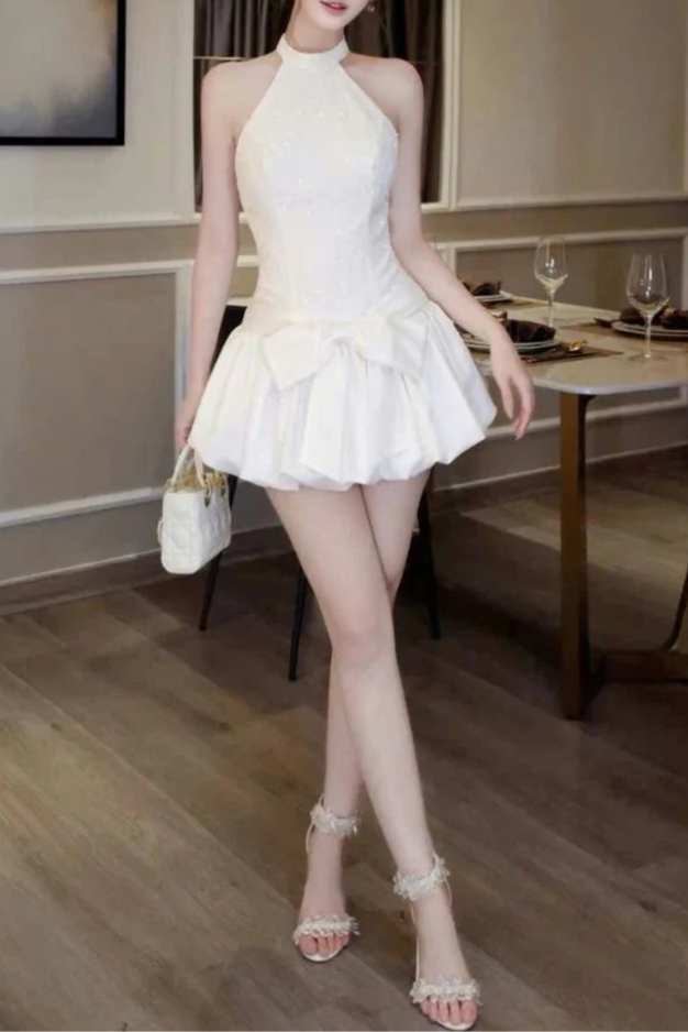 White Satin A Line Halter Short Zipper Prom Dress Birthday Party Dress Homecoming Dress