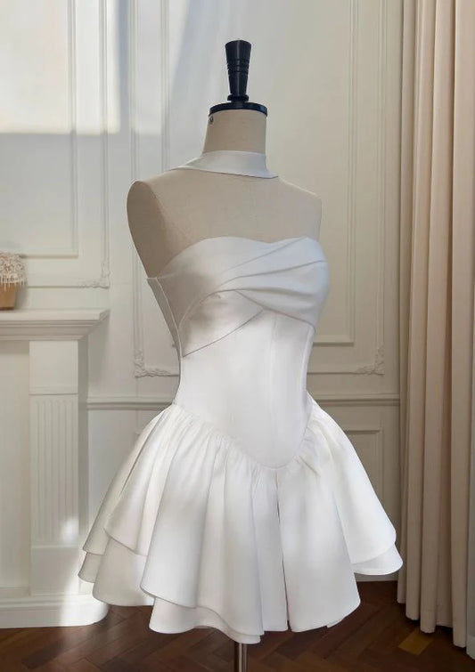White Satin A Line Strapless Pleated Homecoming Dress Short Tiered Sleeveless Party Dress