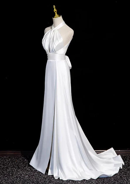 White Satin Backless A-line Slit Mermaid Wedding Party Dress Long Ball Gown