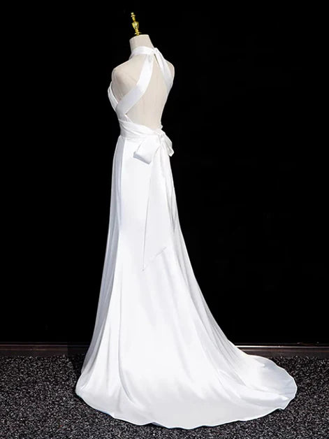 White Satin Backless A-line Slit Mermaid Wedding Party Dress Long Ball Gown