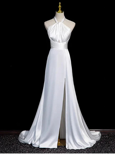 White Satin Backless A-line Slit Mermaid Wedding Party Dress Long Ball Gown