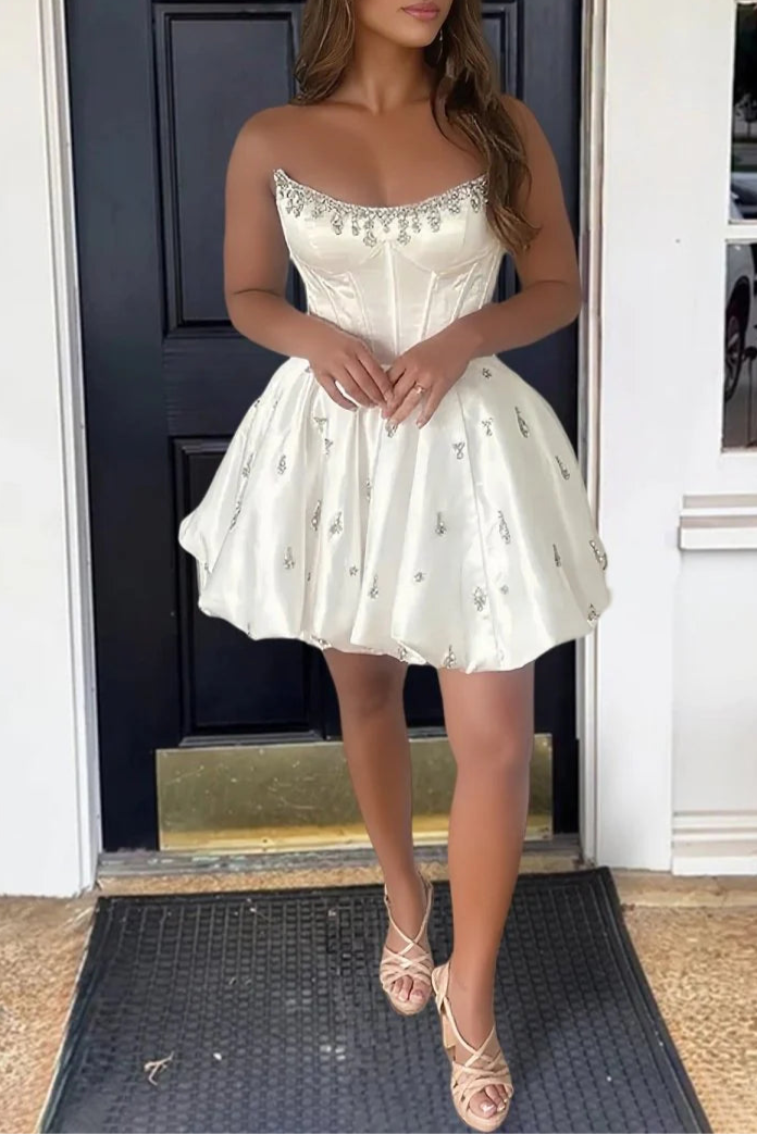 White Satin Beaded A Line Scoop Neck Corset Short Homecoming Dresses With Bubble Hem