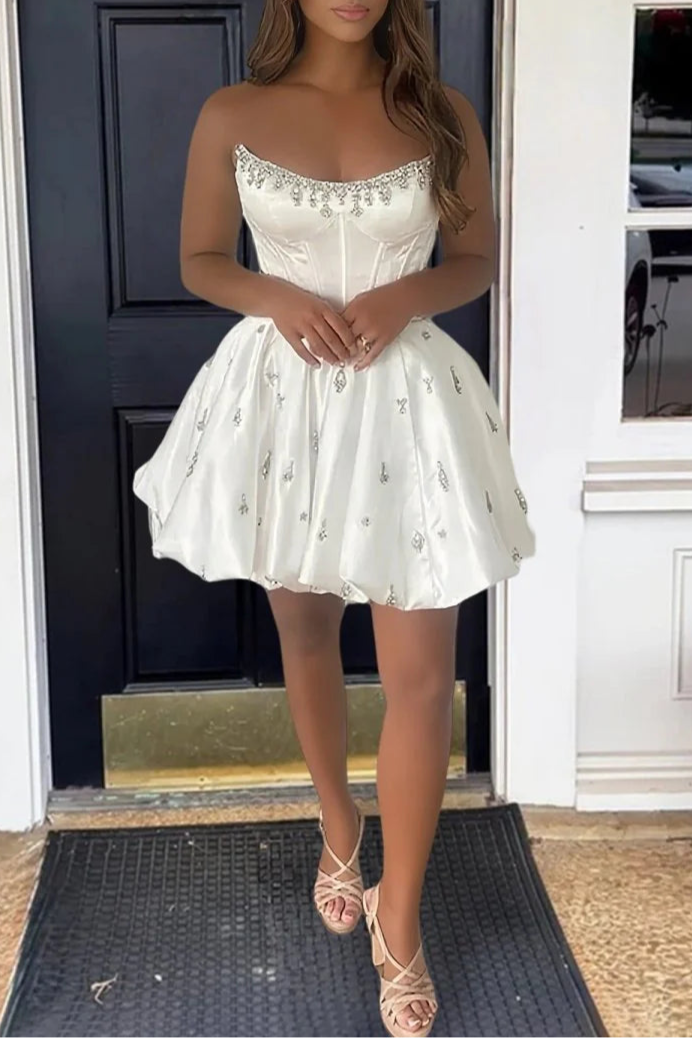 White Satin Beaded A Line Scoop Neck Corset Short Homecoming Dresses With Bubble Hem