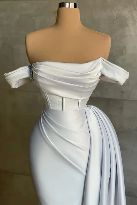 White Satin Beaded Off-the-Shoulder Strapless Ruched Column Long Prom Dress With Streamer