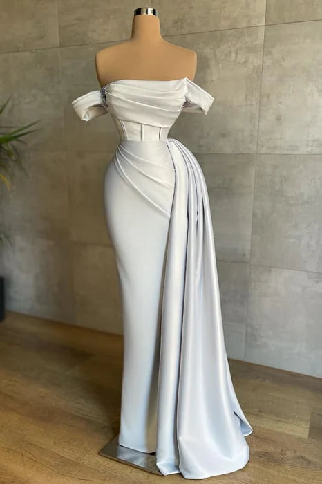 White Satin Beaded Off-the-Shoulder Strapless Ruched Column Long Prom Dress With Streamer