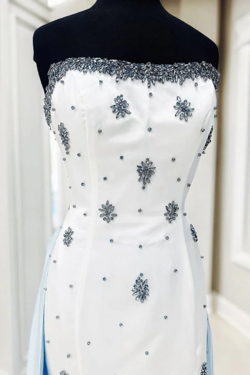 White Satin Beaded Strapless A-Line Side Slit Lace-Up Back Formal Prom Dress With Sweep Train