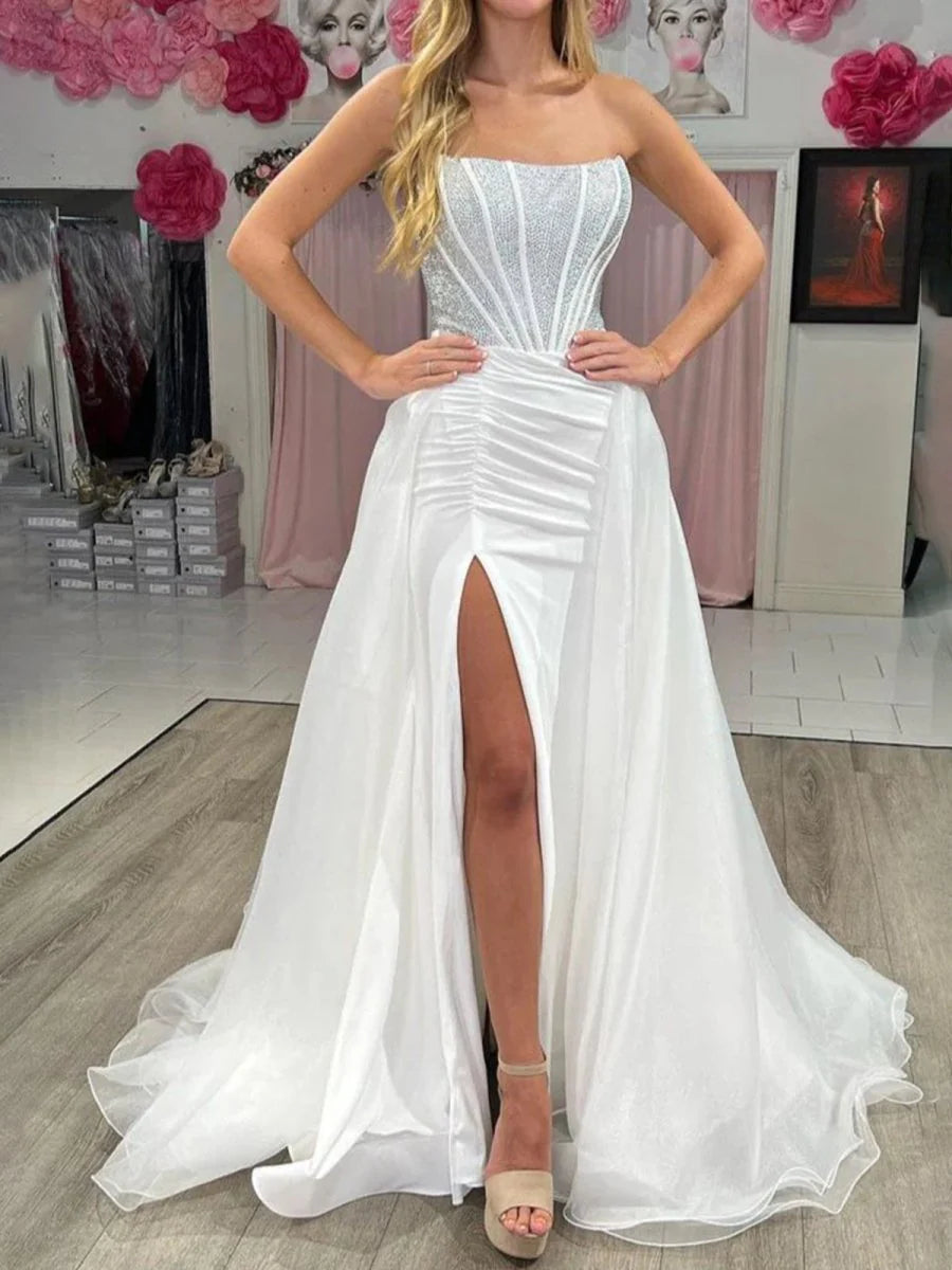 White Satin  Beading Mermaid Strapless Side Slit Corset Long Prom Dress Evening Dress