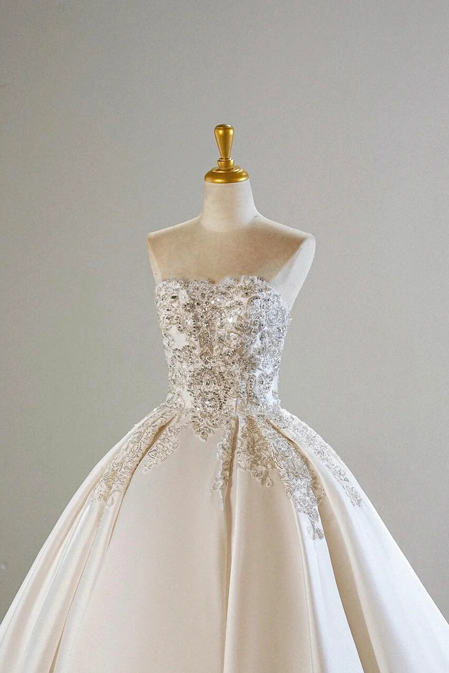 White Satin Beads Long  A-Line Strapless Formal Dress Prom Evening Dress