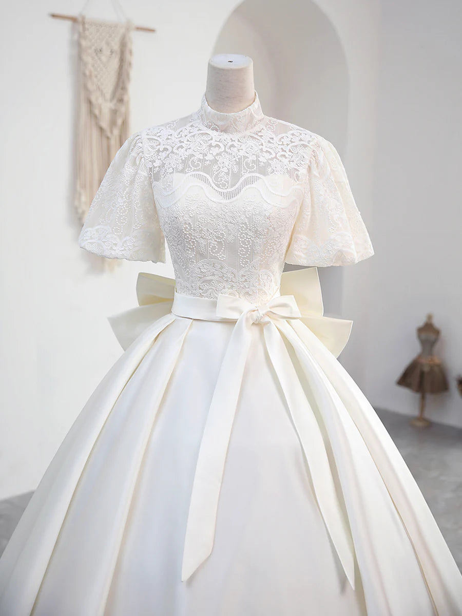 White Satin Bow Long Prom Dress Wedding Dress With Detachable Lace Top