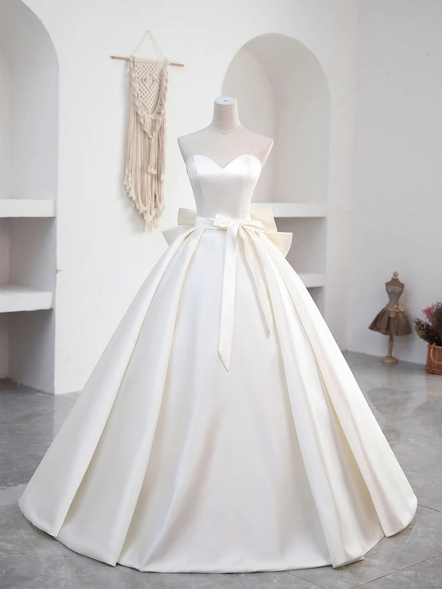 White Satin Bow Long Prom Dress Wedding Dress With Detachable Lace Top