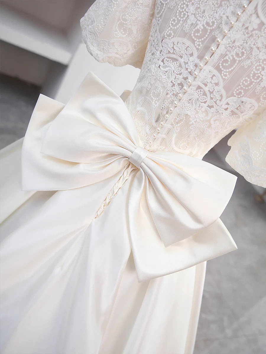 White Satin Bow Long Prom Dress Wedding Dress With Detachable Lace Top