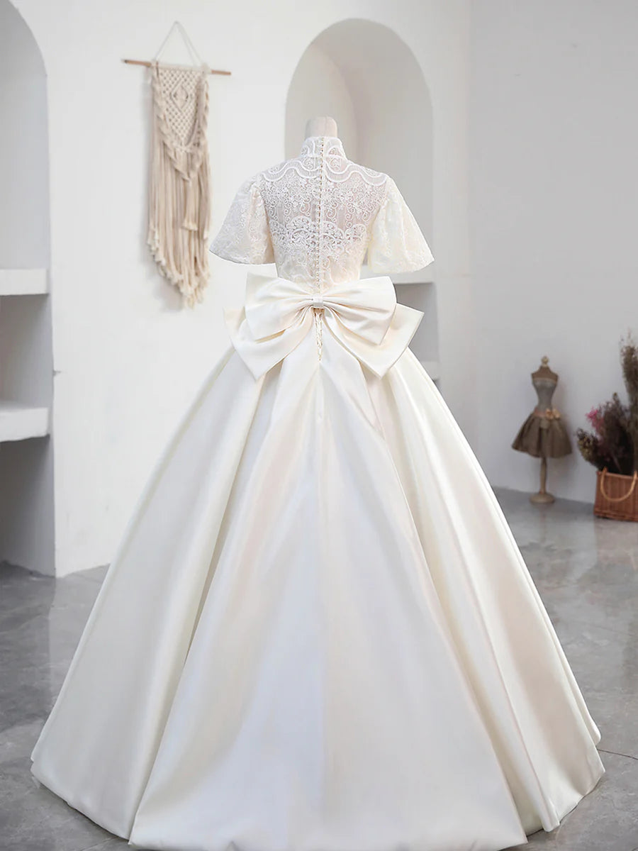White Satin Bow Long Prom Dress Wedding Dress With Detachable Lace Top