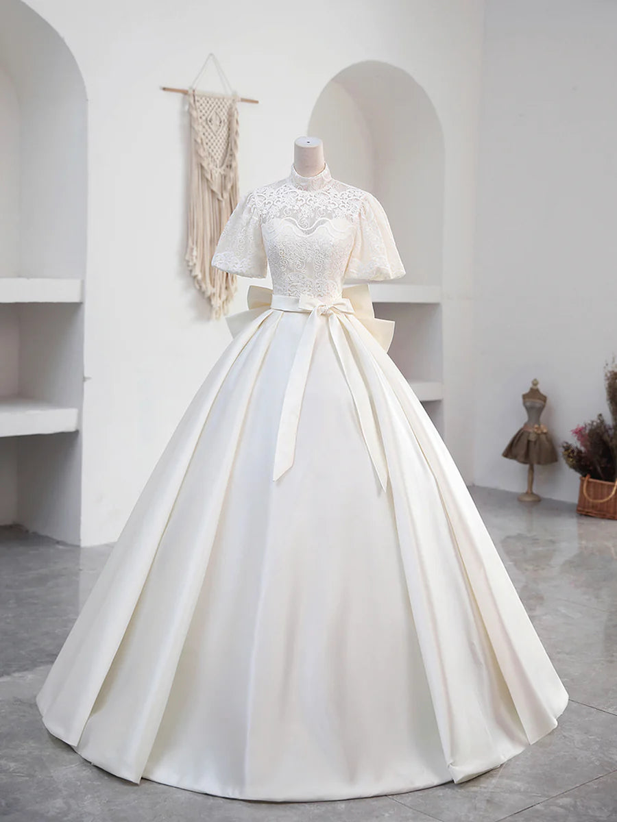 White Satin Bow Long Prom Dress Wedding Dress With Detachable Lace Top