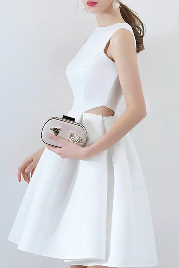 White Satin Cut Out Short Prom Dresses A-Line Homecoming Party Dresses Cocktail dresses