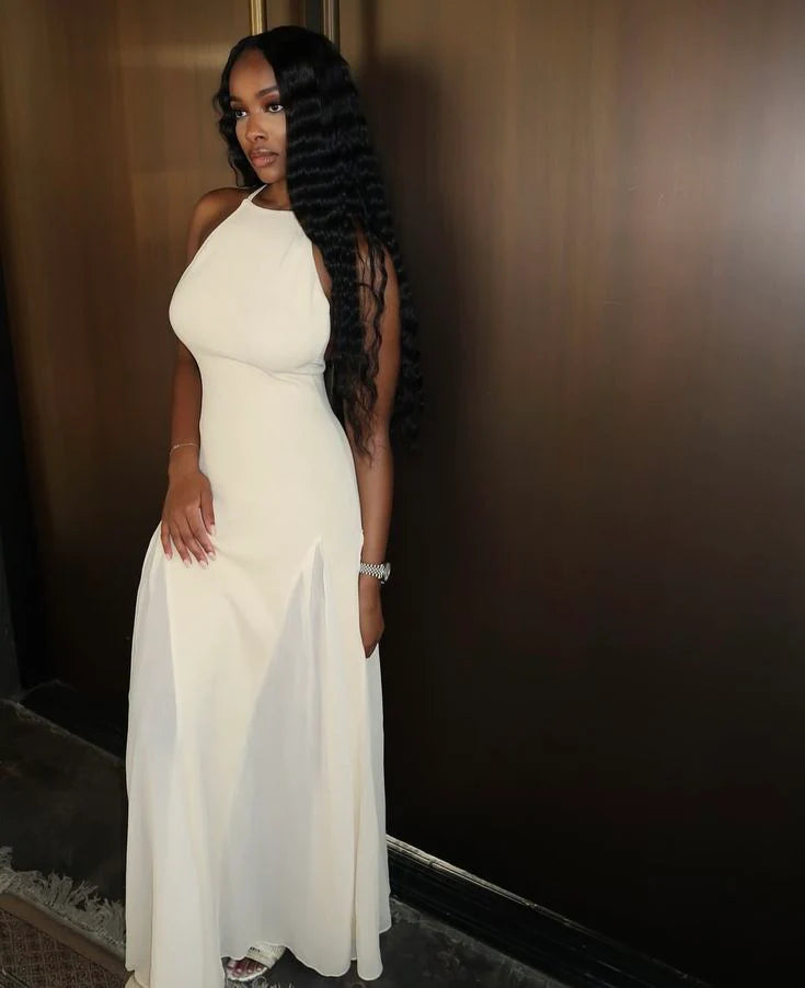 White Satin Halter Sleeveless Long Prom Dress Evening Dress Budget White Party Dress