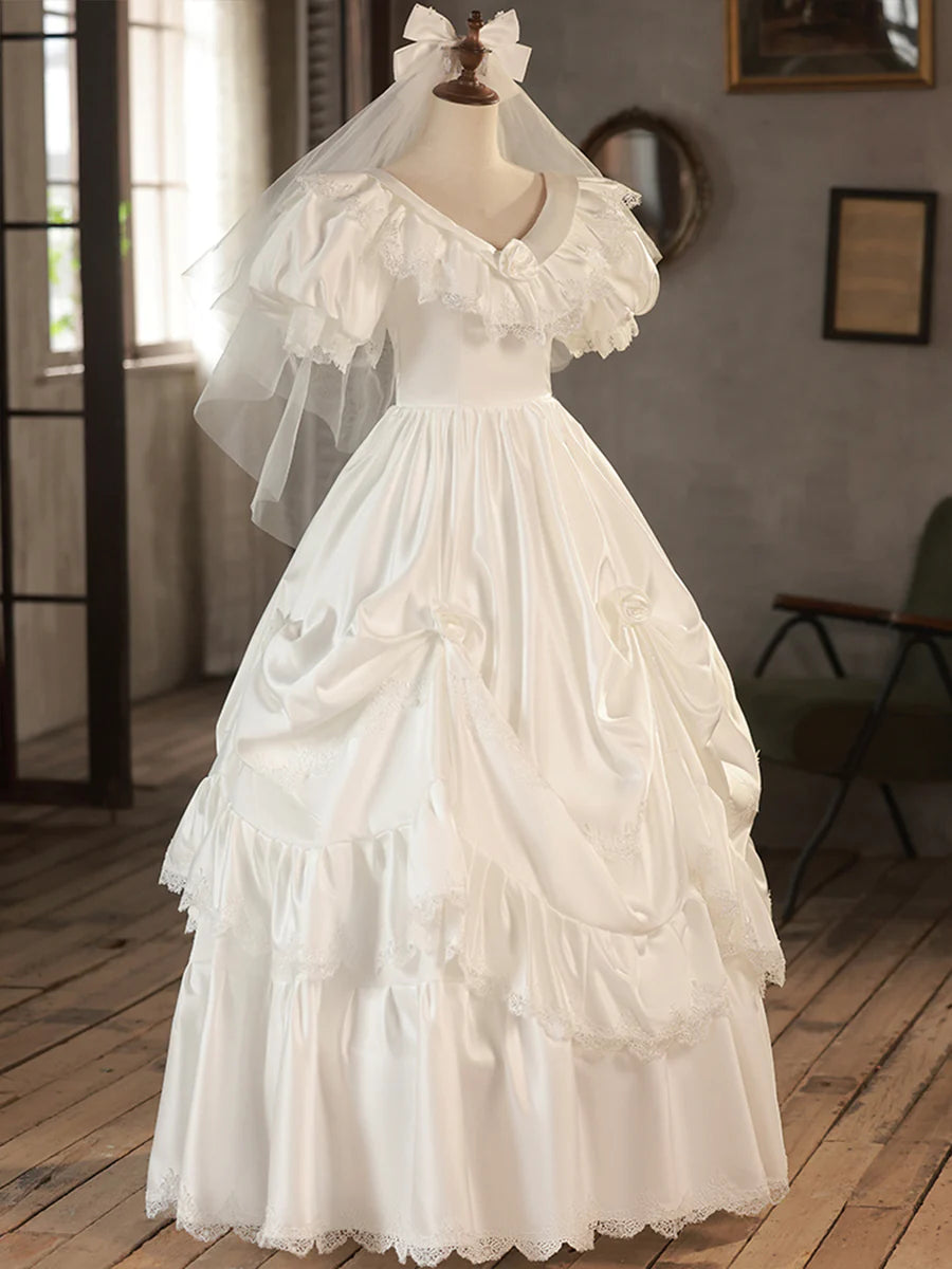 White Satin Lace Flowers V-Neck Short Sleeve Long Prom Dress Wedding Dress