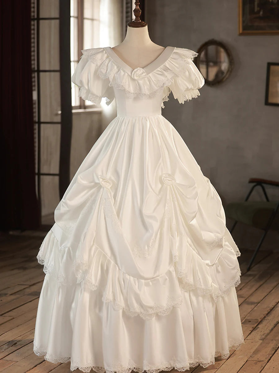 White Satin Lace Flowers V-Neck Short Sleeve Long Prom Dress Wedding Dress