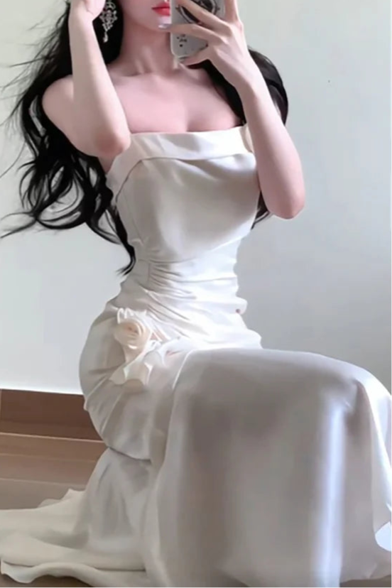 White Satin Mermaid Spaghetti Straps Ruffles Long Prom Dresses Evening Dress With Asymmetrical Hem