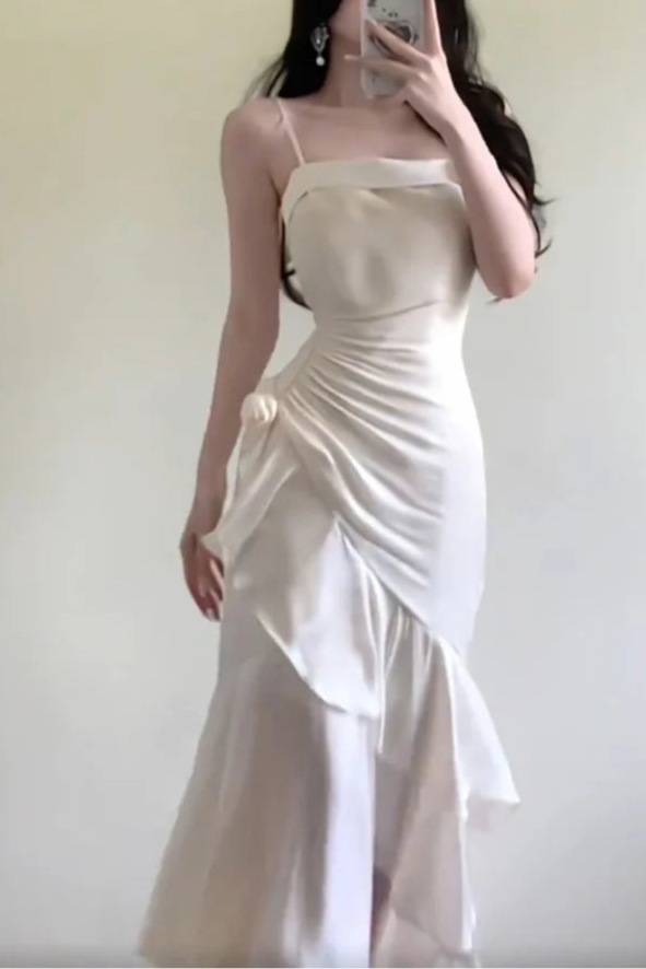 White Satin Mermaid Spaghetti Straps Ruffles Long Prom Dresses Evening Dress With Asymmetrical Hem
