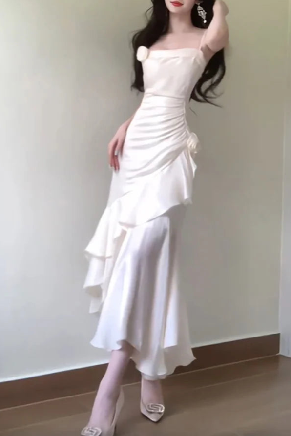 White Satin Mermaid Spaghetti Straps Ruffles Long Prom Dresses Evening Dress With Asymmetrical Hem