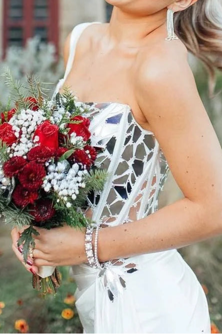 White Satin One Shoulder Square Neck Mirror-Cut Sequin Floor Length Prom Dress With Slit