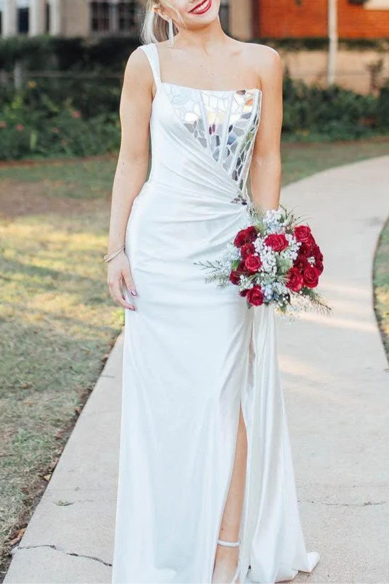 White Satin One Shoulder Square Neck Mirror-Cut Sequin Floor Length Prom Dress With Slit