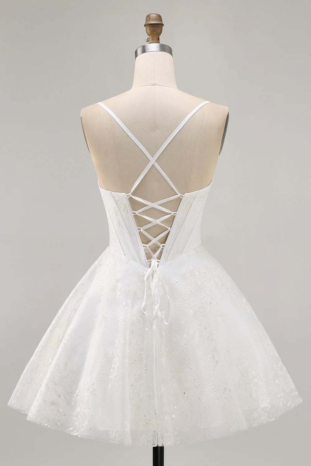 White Satin Sequins Pleated A-Line Corset Spaghetti Straps Homecoming Dress With Appliques