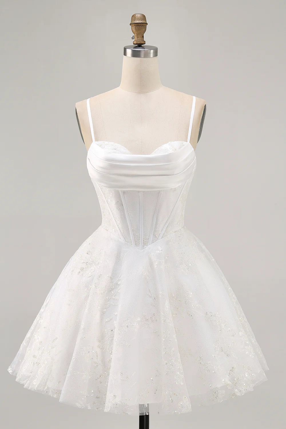 White Satin Sequins Pleated A-Line Corset Spaghetti Straps Homecoming Dress With Appliques