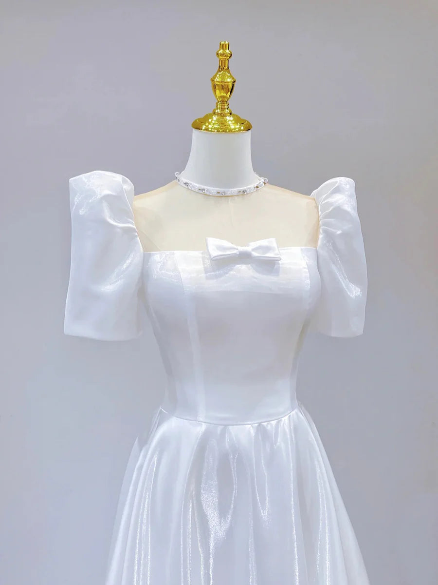 White Satin Short Sleeve A-Line Floor Length Prom Dress Party Dress Wedding Dress