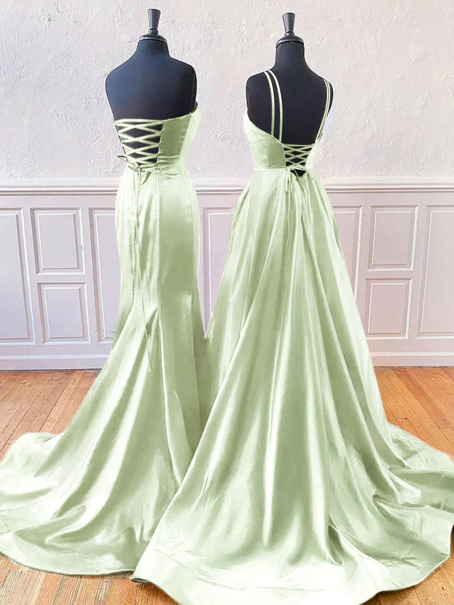 White Satin Sleeveless A-Line Or Mermaid Style Split Long Prom Dress With Sweep Train