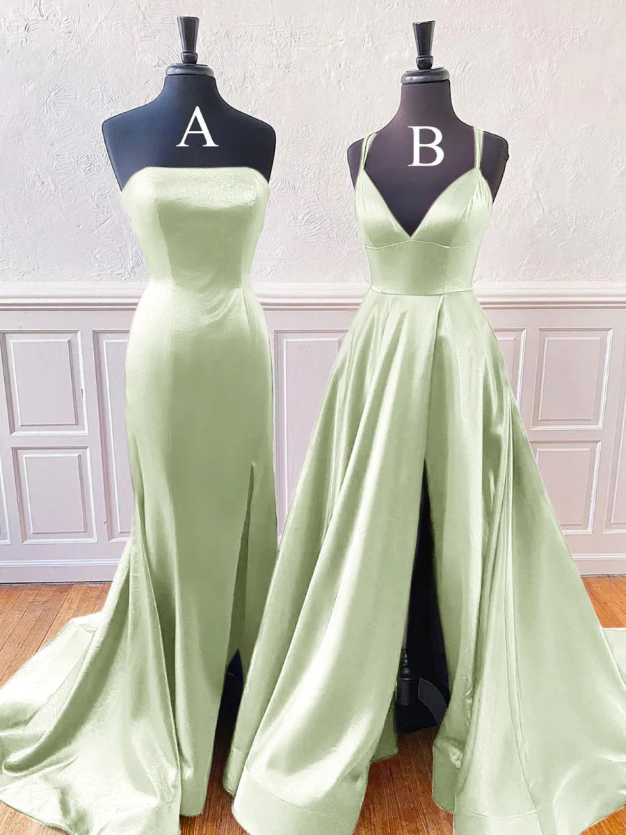 White Satin Sleeveless A-Line Or Mermaid Style Split Long Prom Dress With Sweep Train