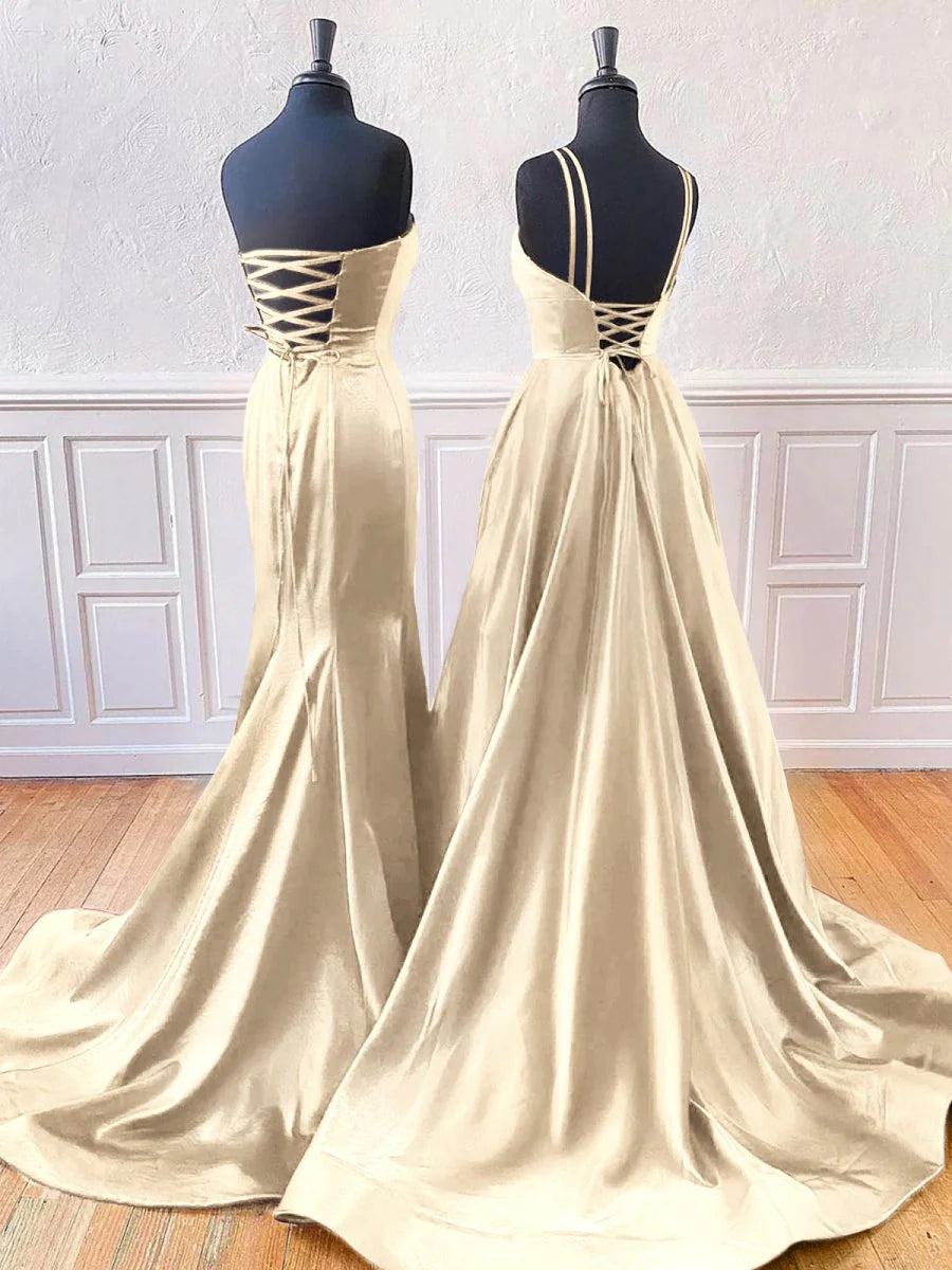 White Satin Sleeveless A-Line Or Mermaid Style Split Long Prom Dress With Sweep Train