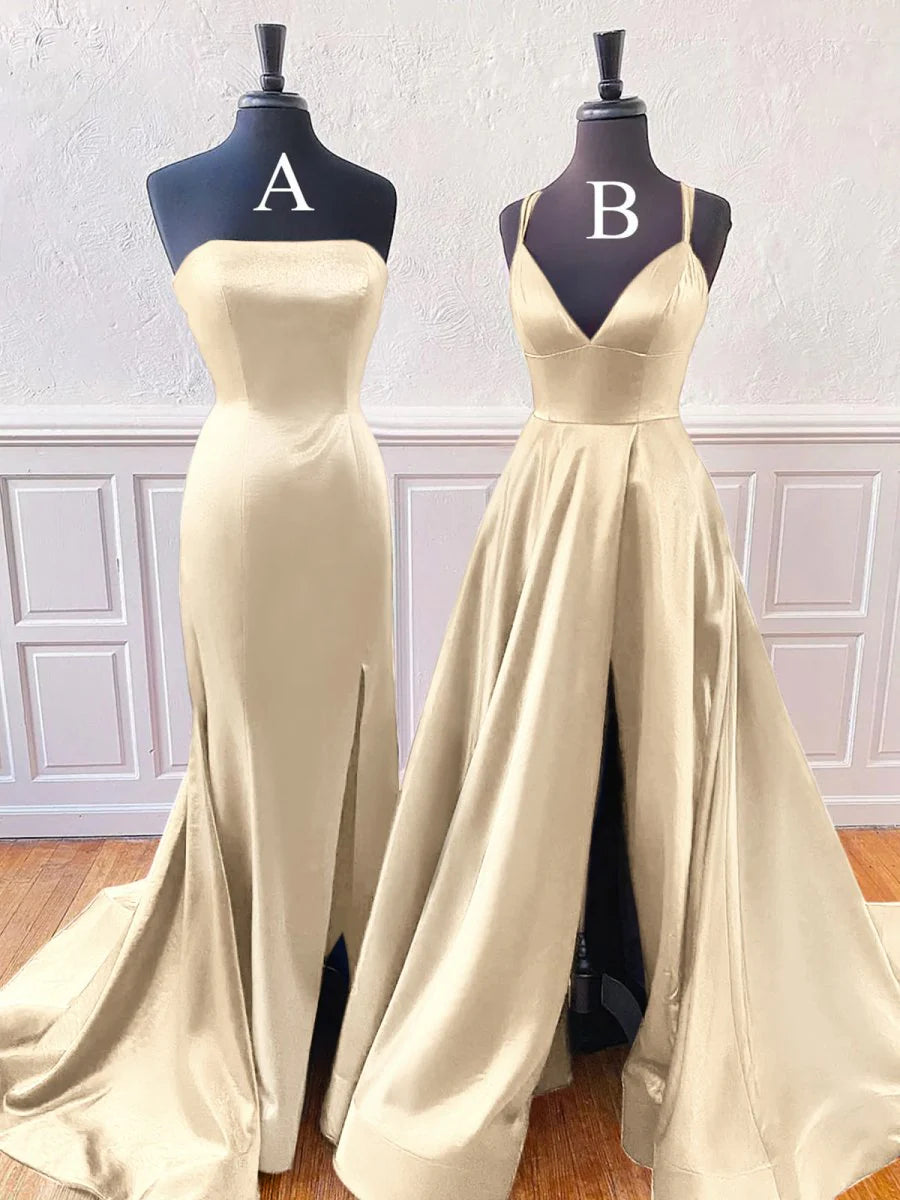 White Satin Sleeveless A-Line Or Mermaid Style Split Long Prom Dress With Sweep Train