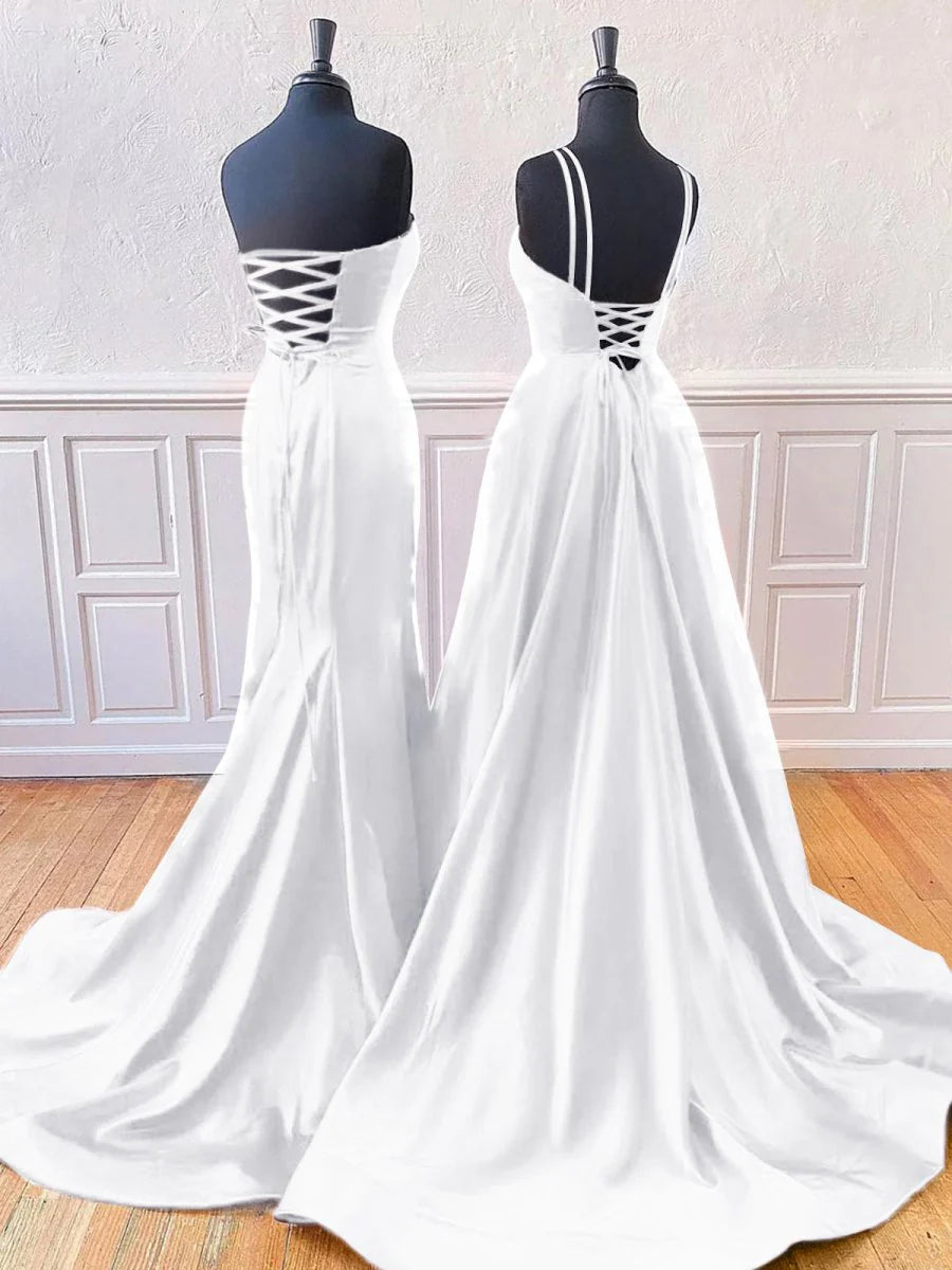 White Satin Sleeveless A-Line Or Mermaid Style Split Long Prom Dress With Sweep Train