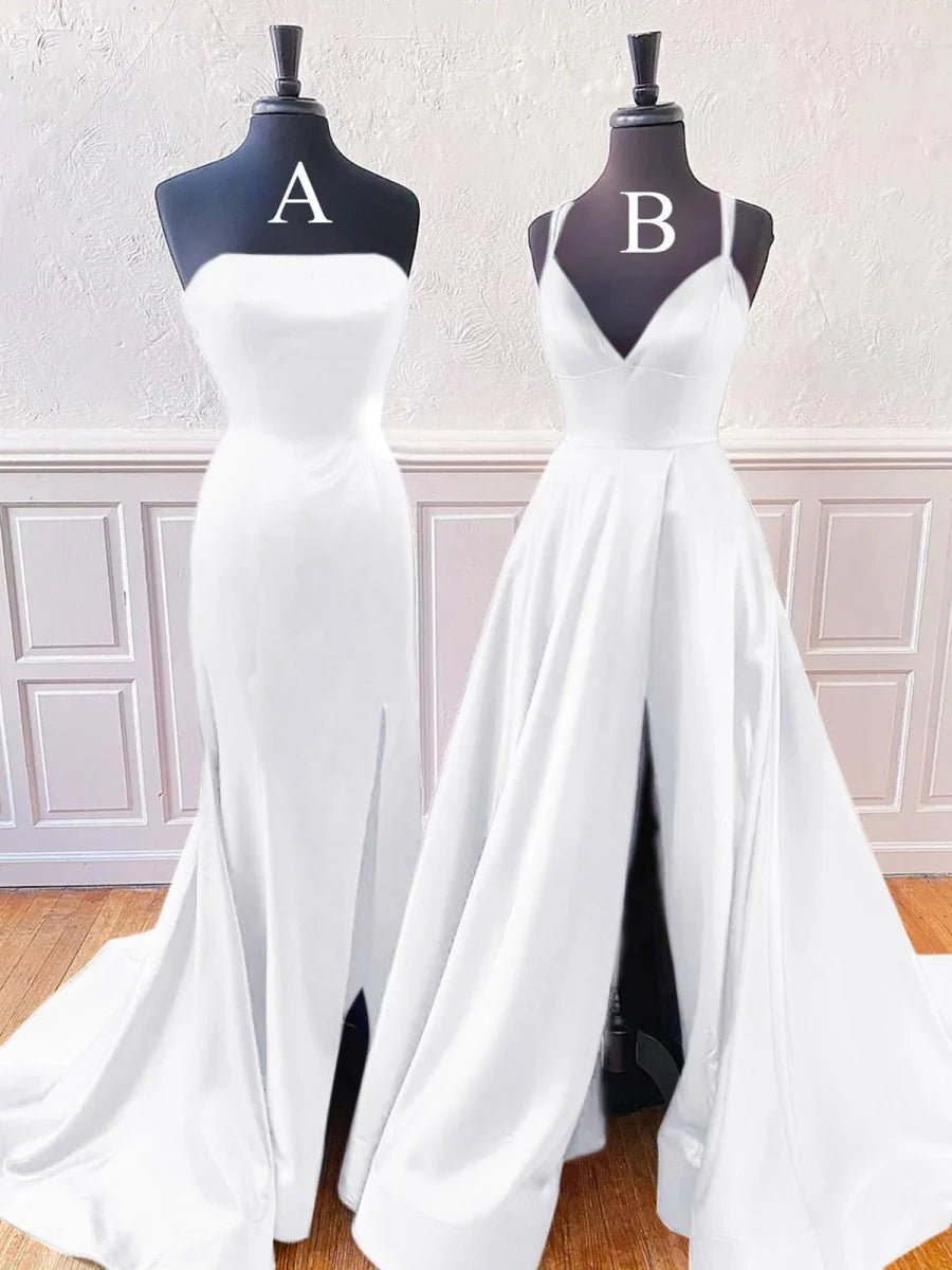 White Satin Sleeveless A-Line Or Mermaid Style Split Long Prom Dress With Sweep Train