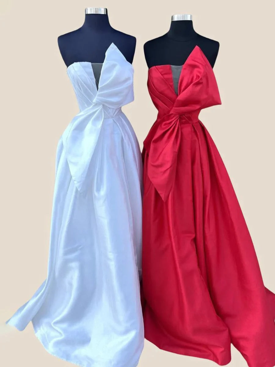White Satin Strapless A-line Slit Long Sweep Train Formal Dress With Bow Affordable Satin Party Dresses