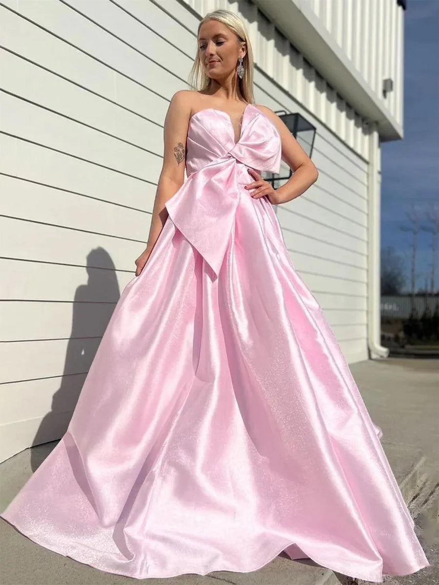 White Satin Strapless A-line Slit Long Sweep Train Formal Dress With Bow Affordable Satin Party Dresses