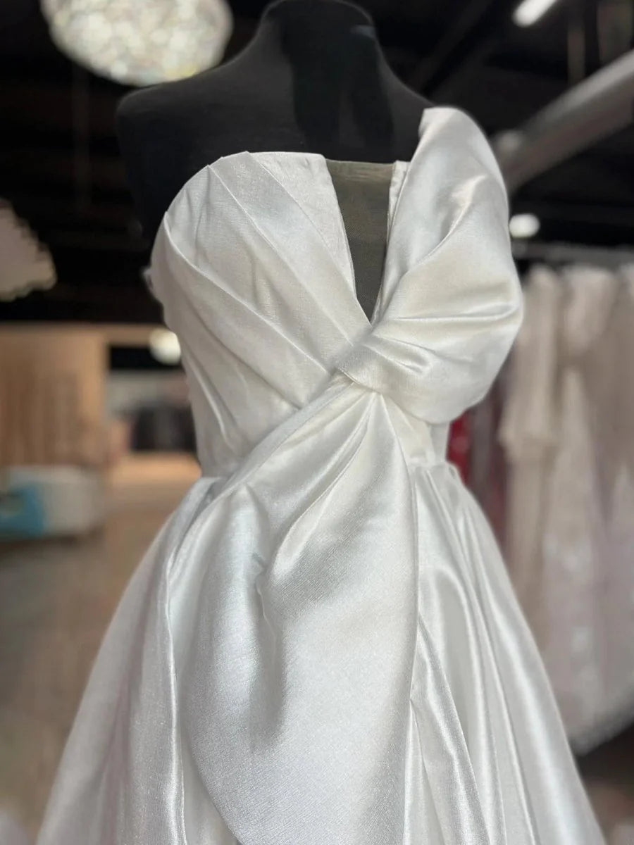 White Satin Strapless A-line Slit Long Sweep Train Formal Dress With Bow Affordable Satin Party Dresses