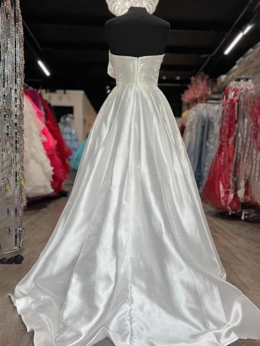 White Satin Strapless A-line Slit Long Sweep Train Formal Dress With Bow Affordable Satin Party Dresses